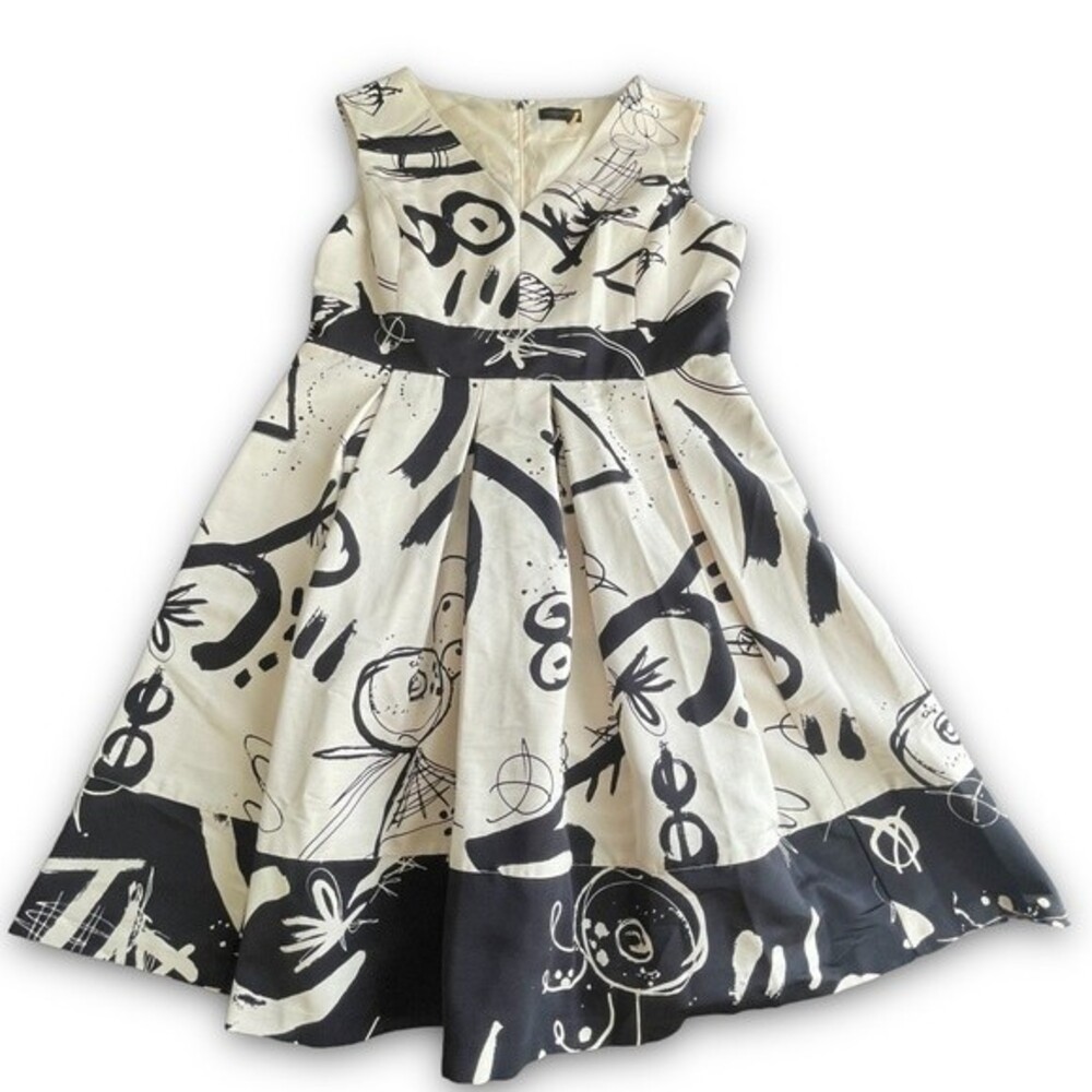 Donna Karan Cream/Black Abstract Print Pleated Fit & Flare Dress Sz 12-14